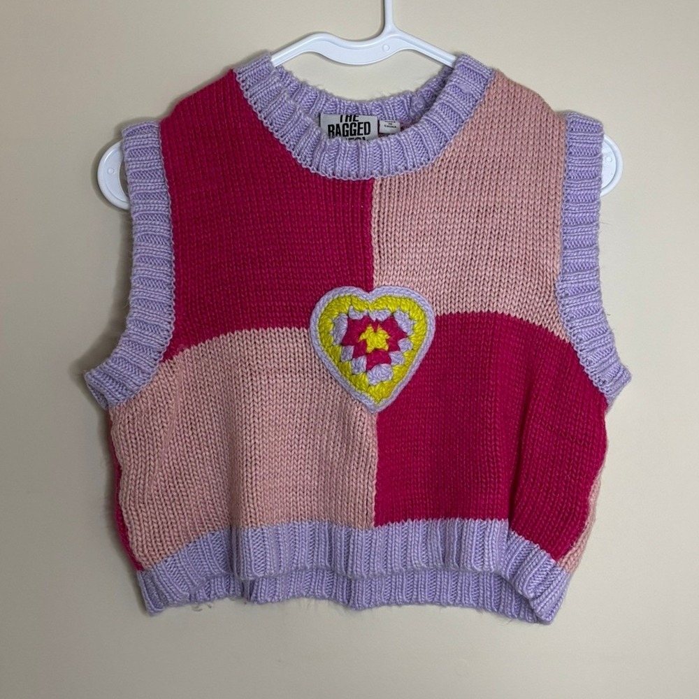 The Ragged Priest Colorblock Heart Knit Sweater Crop Top Pink Purple Crochet Y2K